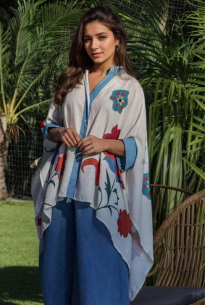 Blue Aura Artistic Flower Printed Loose-Shirt