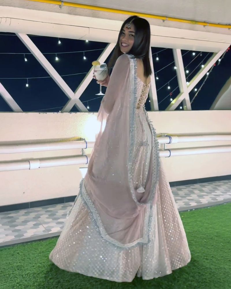 Cream and pale Faux georgette wedding lehenga choli with cancan