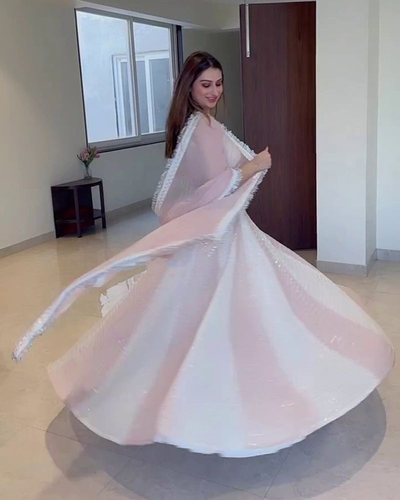 Cream and pale Faux georgette wedding lehenga choli with cancan