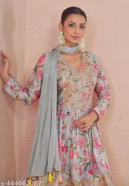 Floral Chinon Print Anarkali Suit with Dupatta