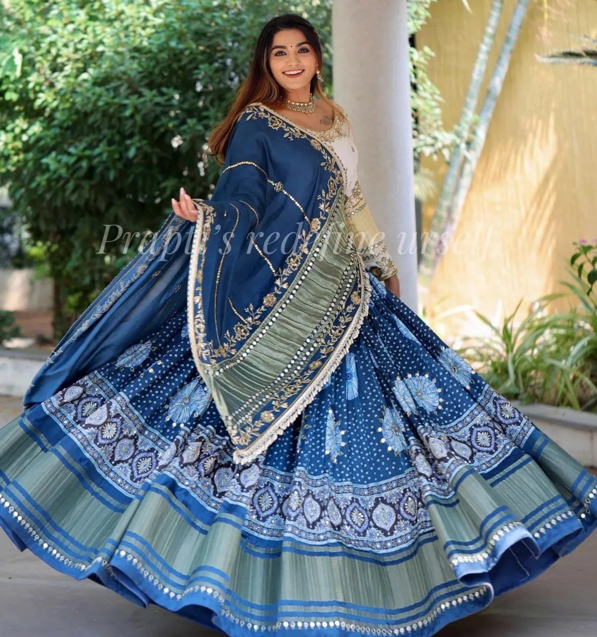 Blue Lehenga Choli With Mirror Work And Attached Rama Dupatta With Blouse