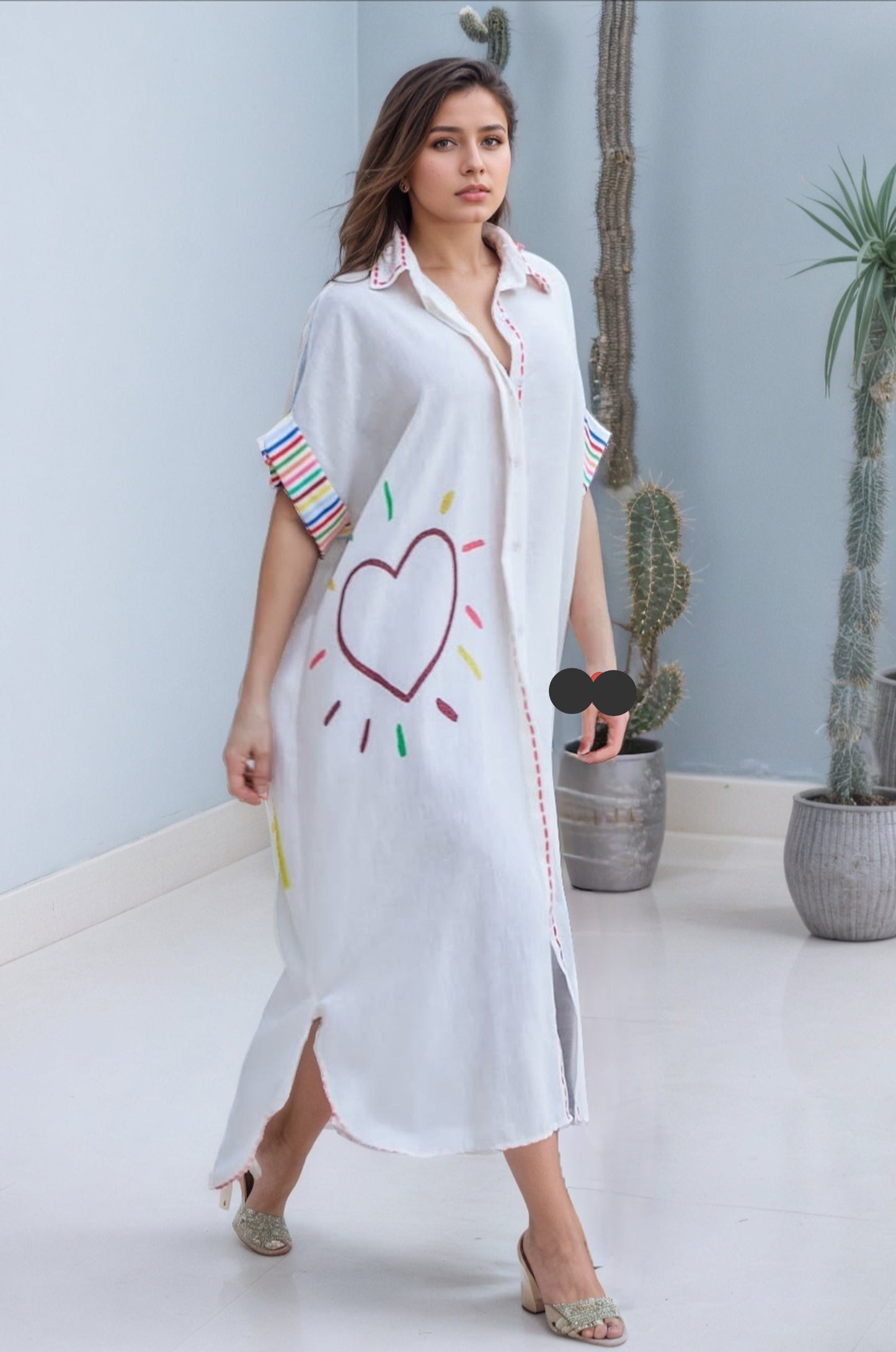 Happy Soul Heart Art Printed Breezy Shirt Dress Free Size