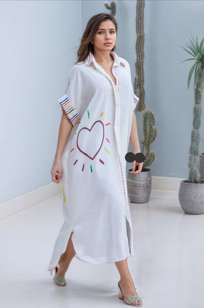 Happy Soul Heart Art Printed Breezy Shirt Dress Free Size