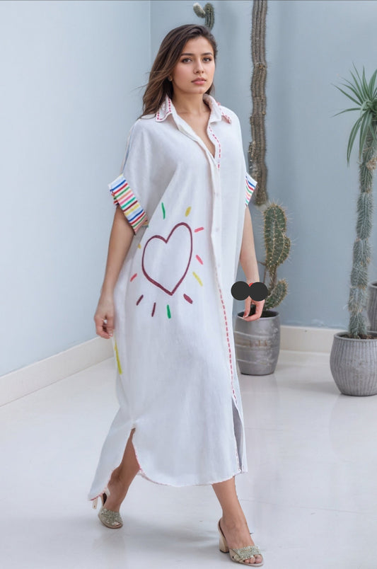 Happy Soul Heart Art Printed Breezy Shirt Dress Free Size