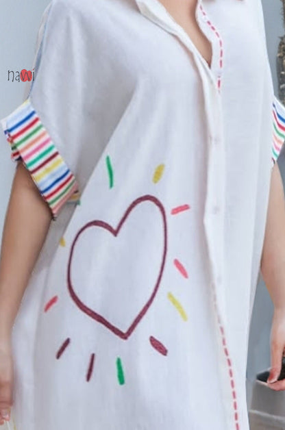 Happy Soul Heart Art Printed Breezy Shirt Dress Free Size
