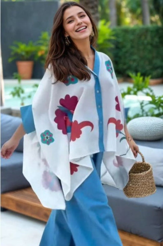 Blue Aura Artistic Flower Printed Loose-Shirt