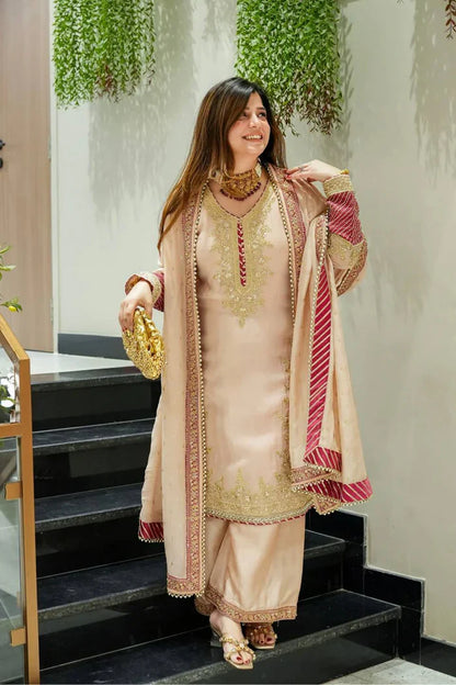 New Designer Partywear Heavy Chinon Silk with Heavy Embroidery Work Kurta With Pant And Dupatta