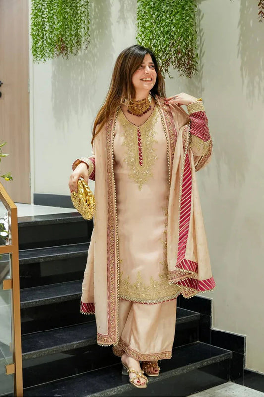 New Designer Partywear Heavy Chinon Silk with Heavy Embroidery Work Kurta With Pant And Dupatta