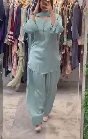 New Launching Natural Crep Silk Party Wear Look Top with Farshi Salwar And Natural Crep Silk Fancy border Dupatta