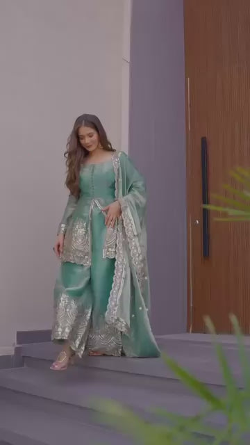 Designer Blue Silk Embroidered Peplum Short Anarkali Kurta Palazzo set with Dupatta 3 pc