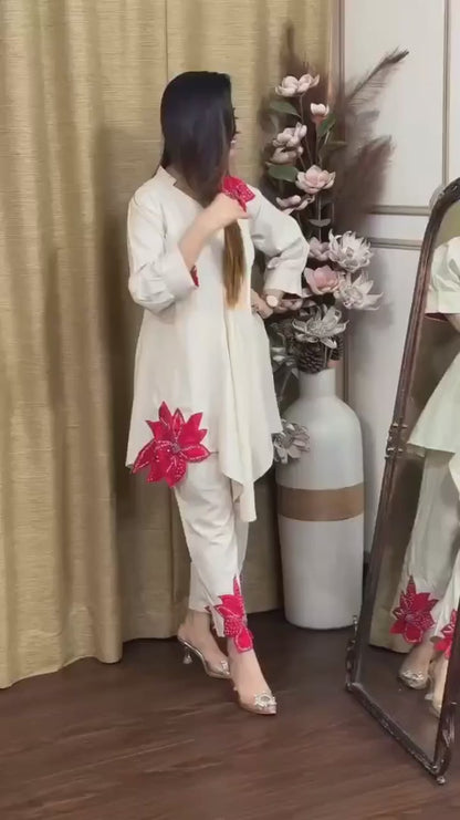 Cotton Kurti-Pant Set with Flower Buta