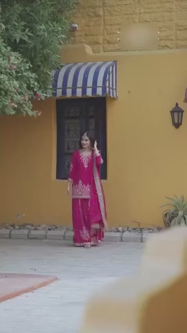 Elegant Chinon Silk Kurti Sharara Set with Embroidered Dupatta