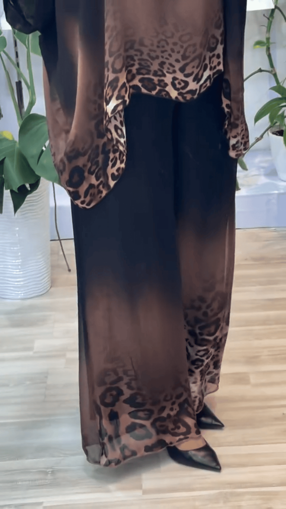 Women's Gradient Leopard Print Crew Neck Top And Wide Leg Pants Set