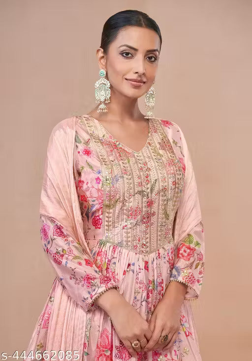 Floral Chinon Print Anarkali Suit with Dupatta