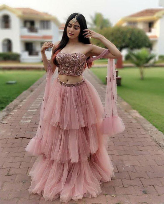 BEAUTIFUL PEACH PARTY WEAR LAHENGA CHOLI