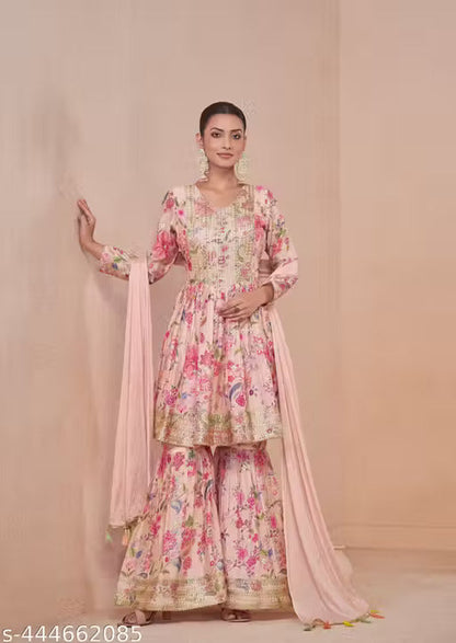 Floral Chinon Print Anarkali Suit with Dupatta