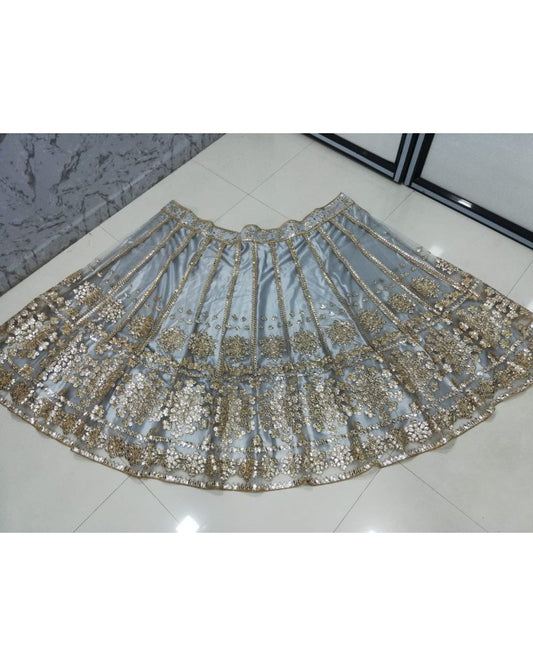 Grey Net zari mirror work wedding lehenga choli